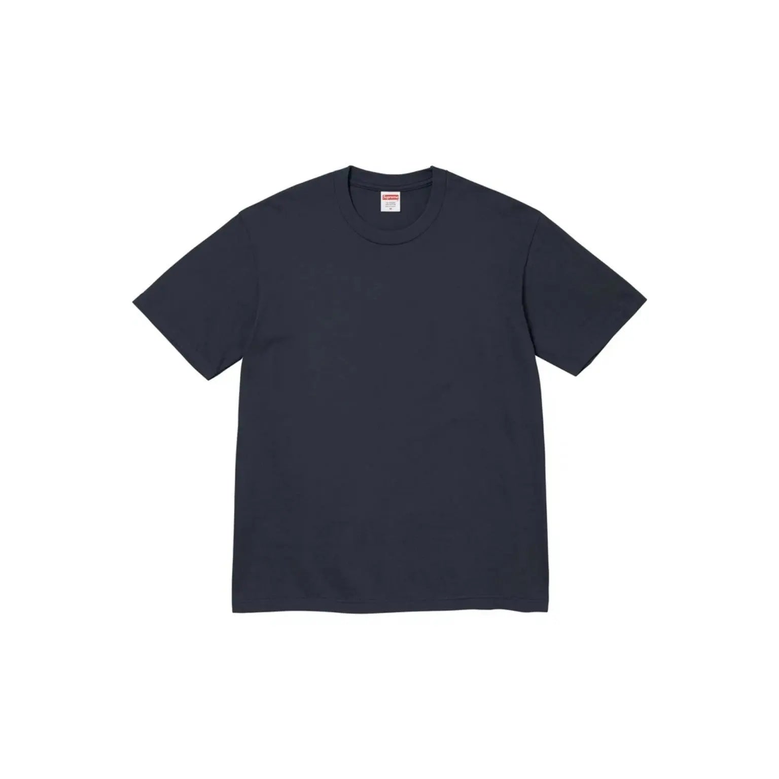 A dark navy blue short-sleeve crewneck t-shirt laid flat against a solid white background.