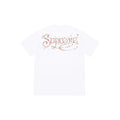 A white short-sleeve t-shirt featuring a colorful 'Supreme' script logo across the chest, composed of small red, orange, and yellow dots, shown against a plain white background.