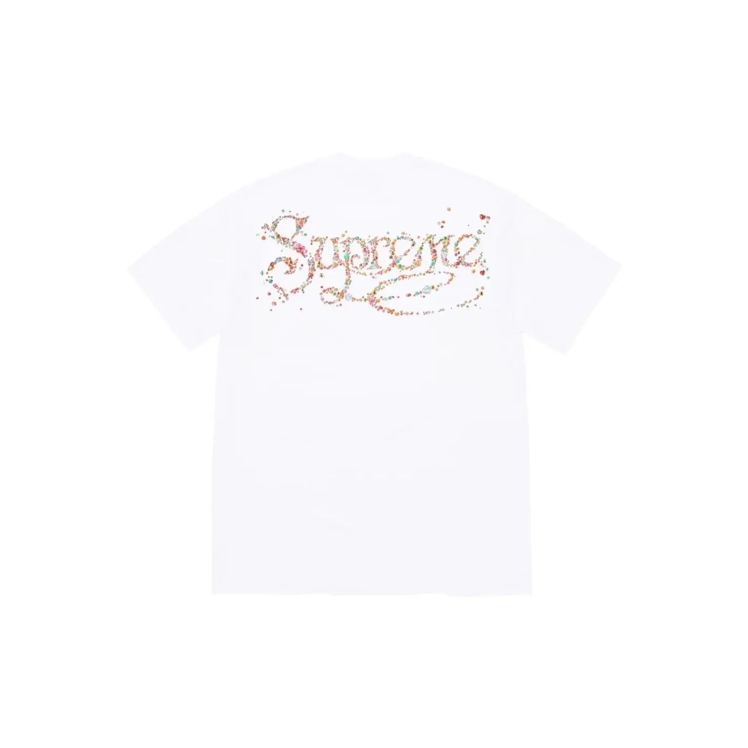 A white short-sleeve t-shirt featuring a colorful 'Supreme' script logo across the chest, composed of small red, orange, and yellow dots, shown against a plain white background.