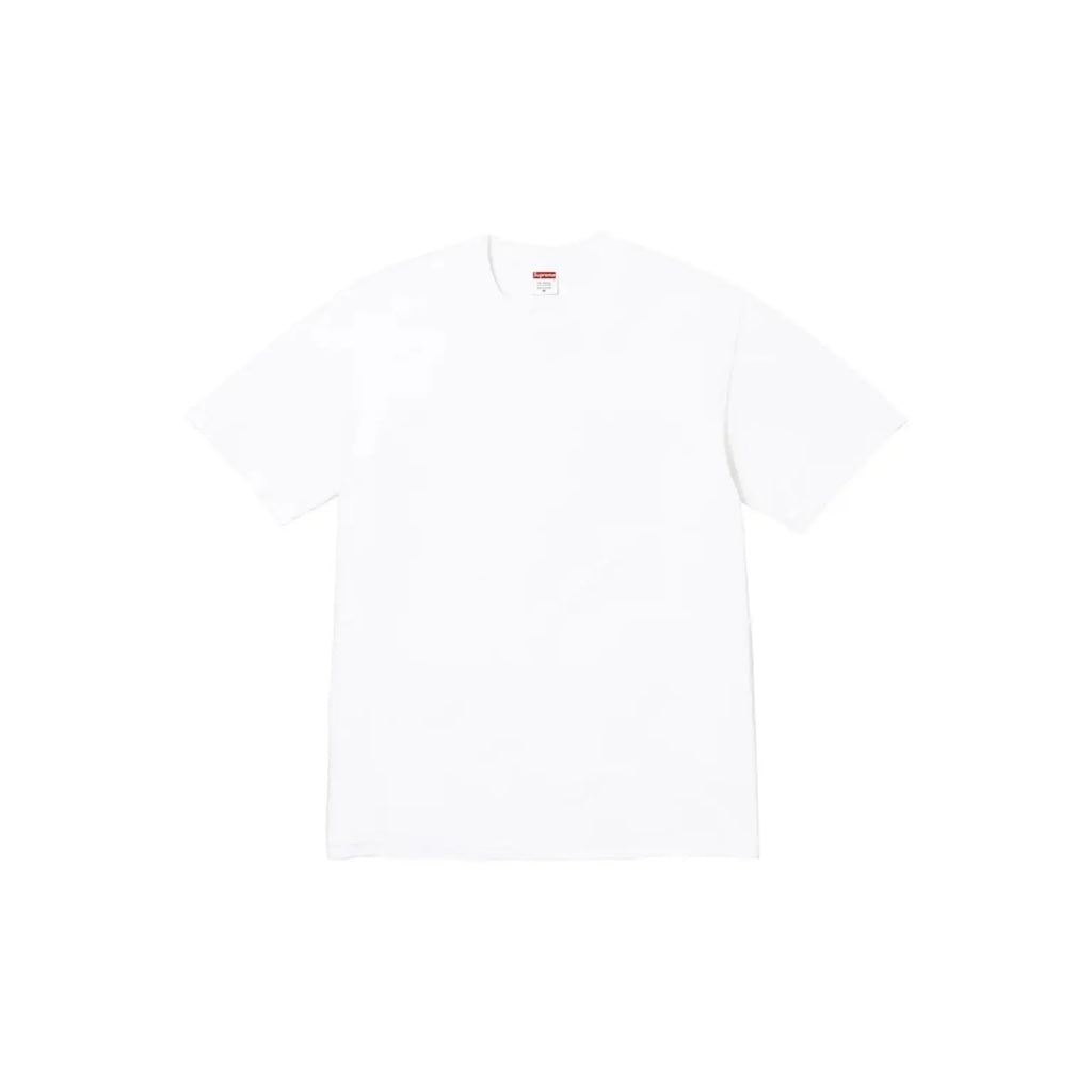 A plain white short-sleeve crewneck t-shirt laid flat against a solid white background.