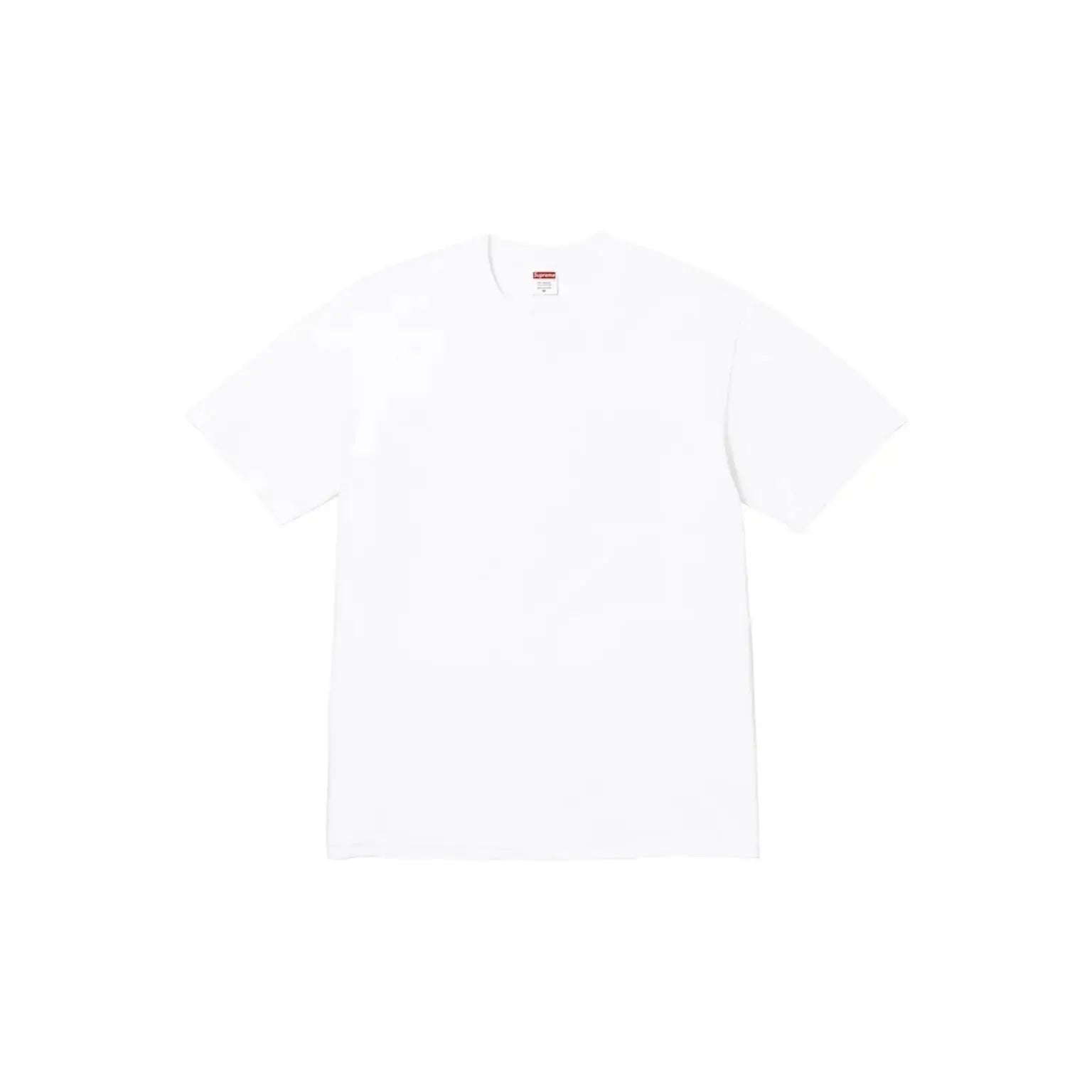 A plain white short-sleeve crewneck t-shirt laid flat against a solid white background.