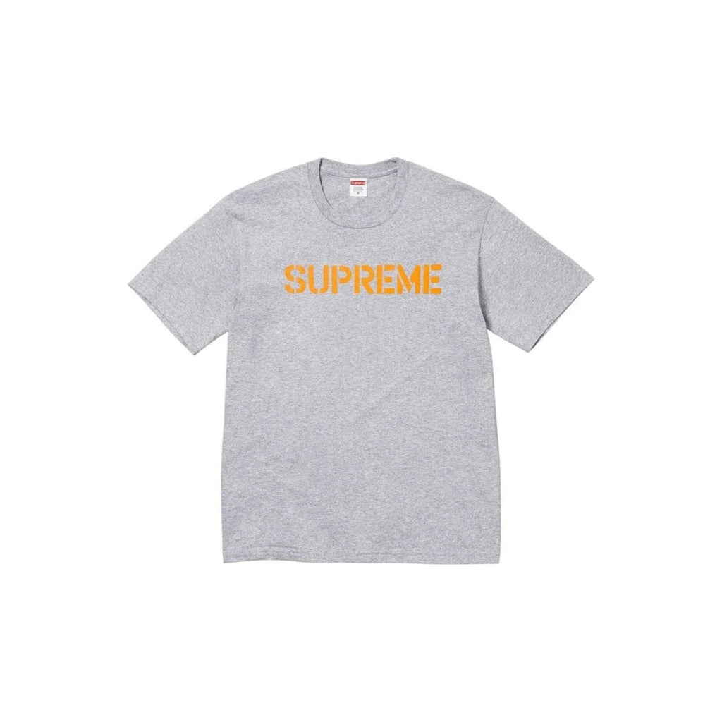 Gray t-shirt with 'Supreme' logo on a white background