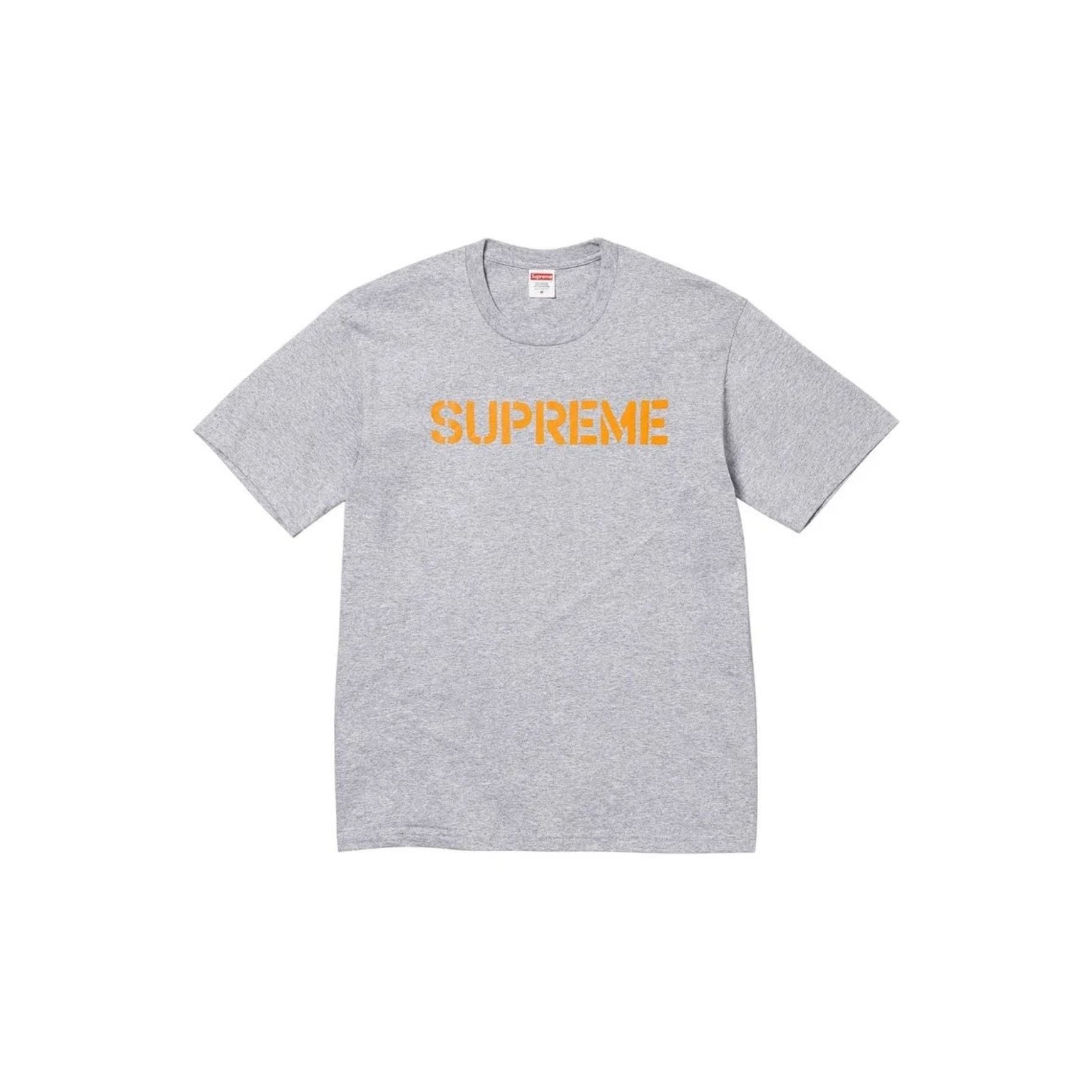 Gray t-shirt with 'Supreme' logo on a white background