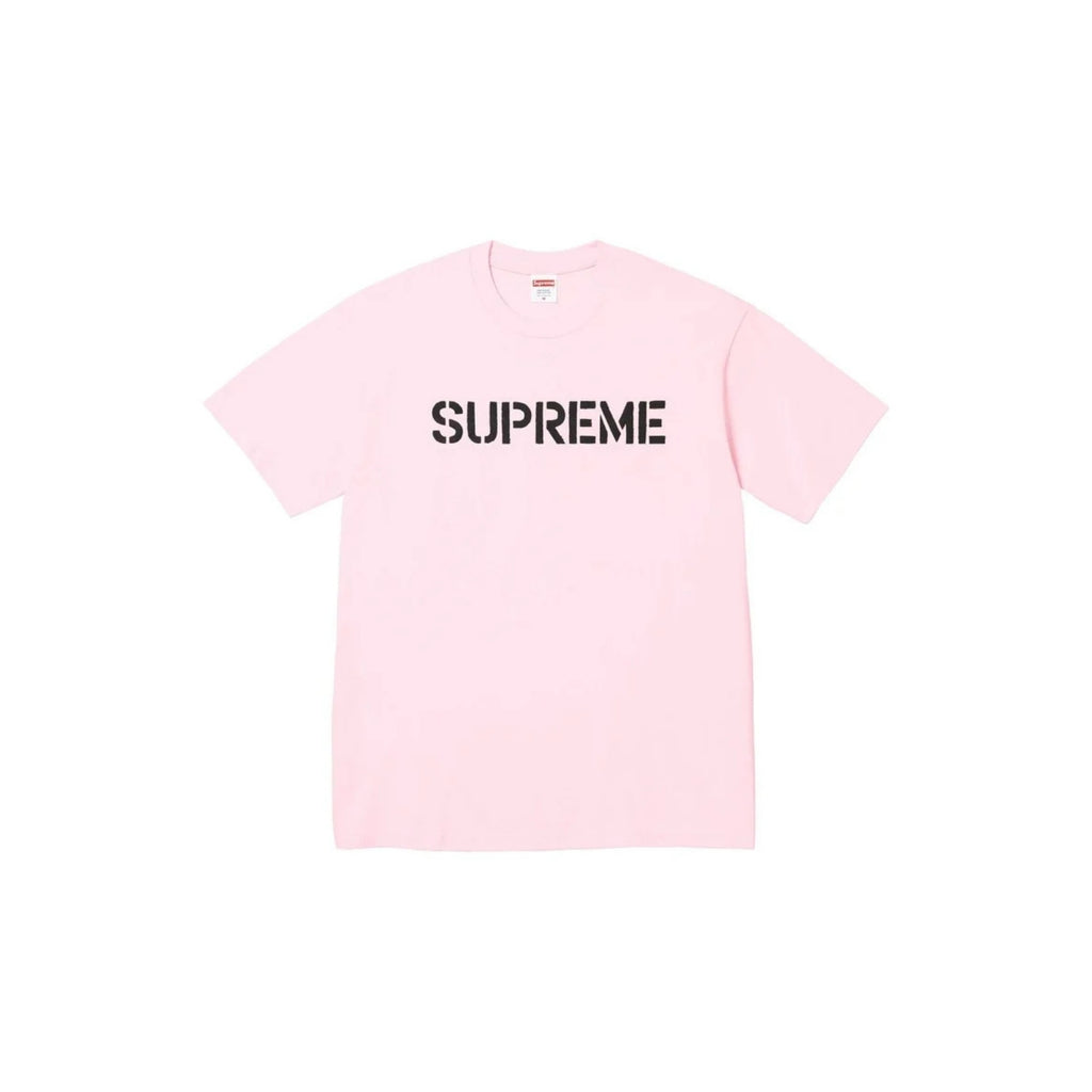 Pink t-shirt with 'Supreme' logo on a white background