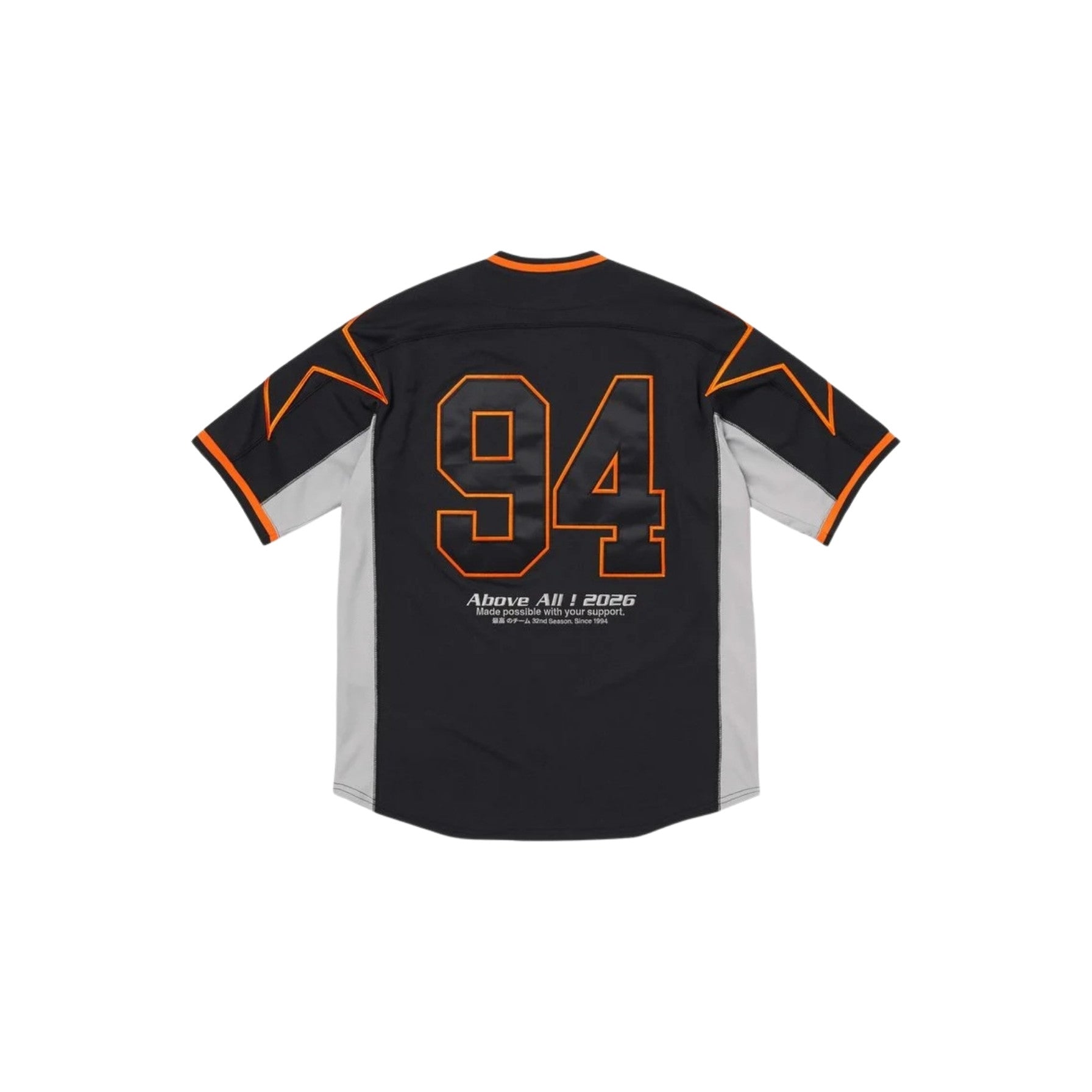 Black sports jersey with orange accents and number 94 on a white background