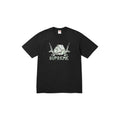 Black t-shirt with a graphic design and 'Supreme' branding on a white background