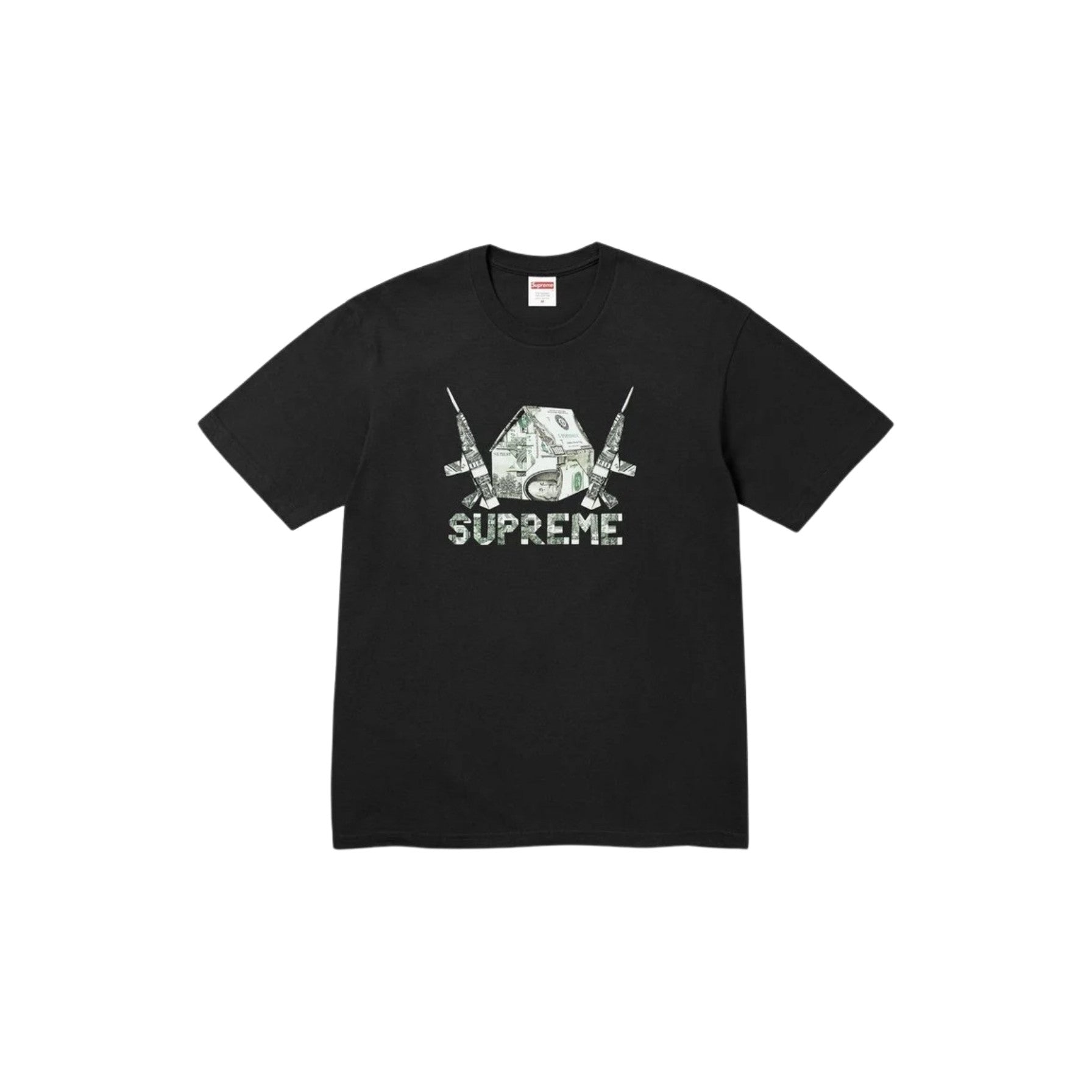 Black t-shirt with a graphic design and 'Supreme' branding on a white background