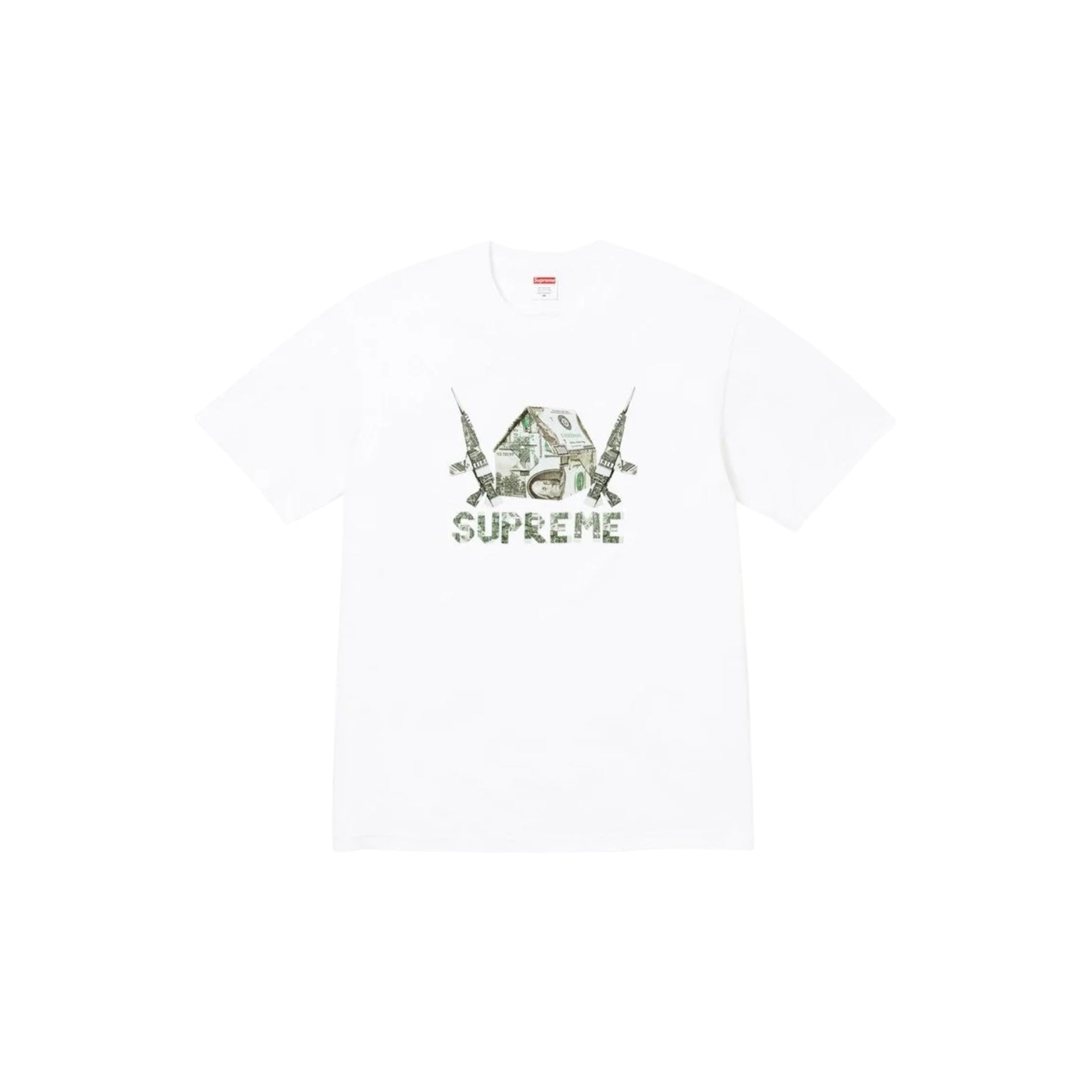 White t-shirt with 'Supreme' logo and graphic design on a white background