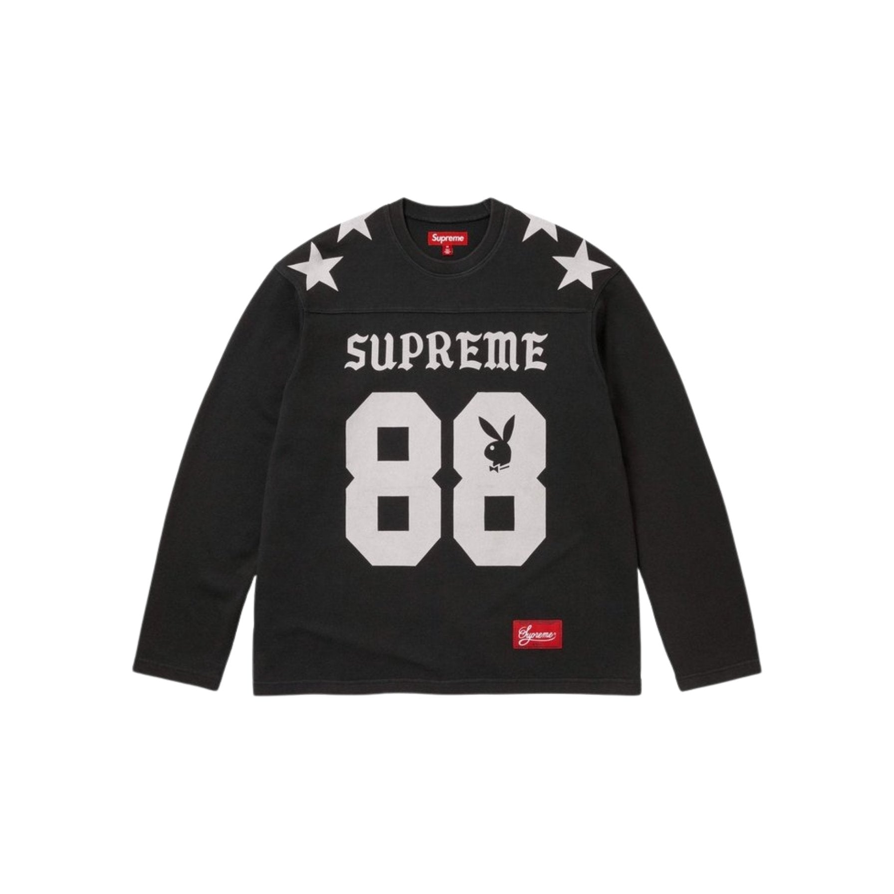 Black long-sleeve shirt with 'Supreme' and 'Playboy' logos on a white background