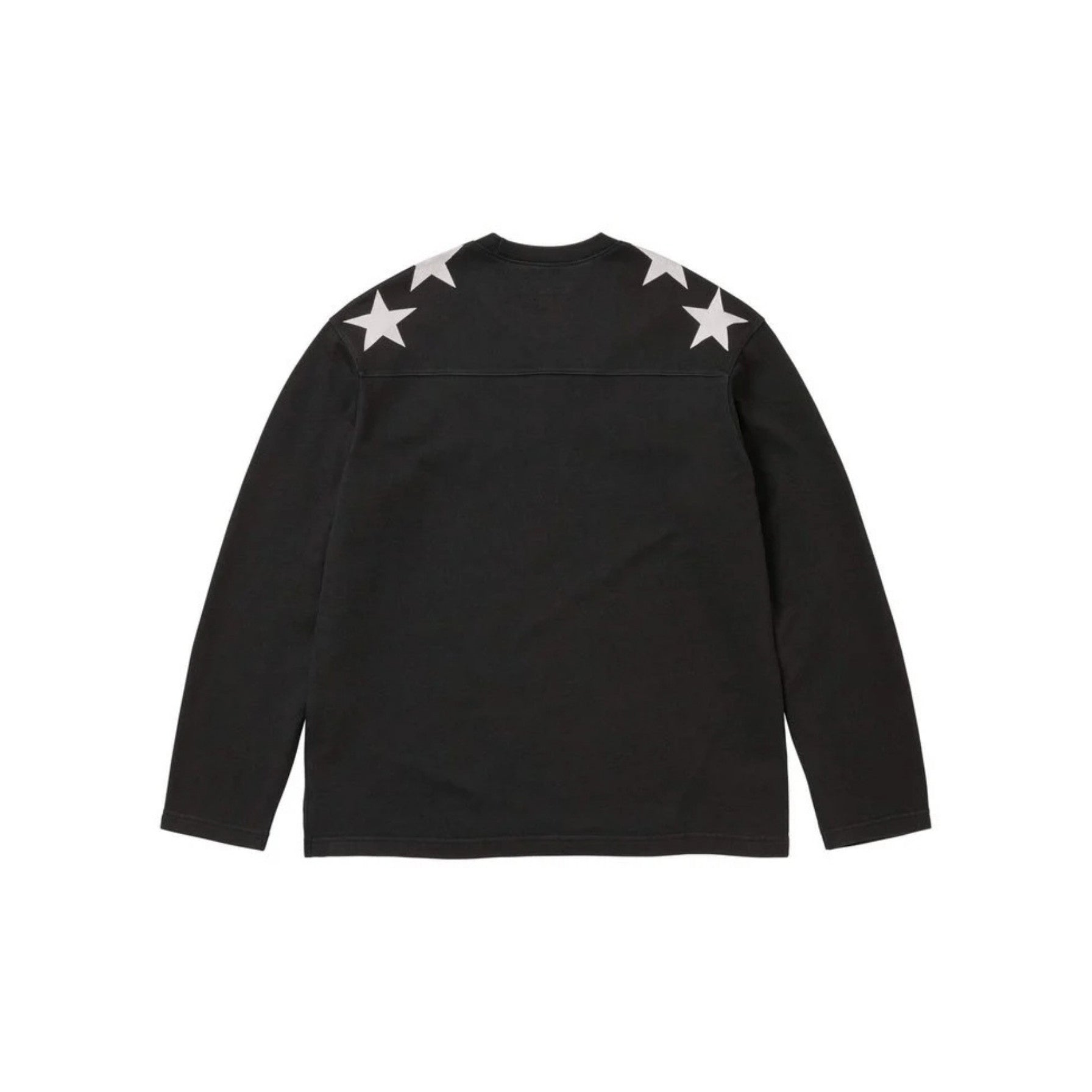Black long-sleeve shirt with white star patterns on a white background