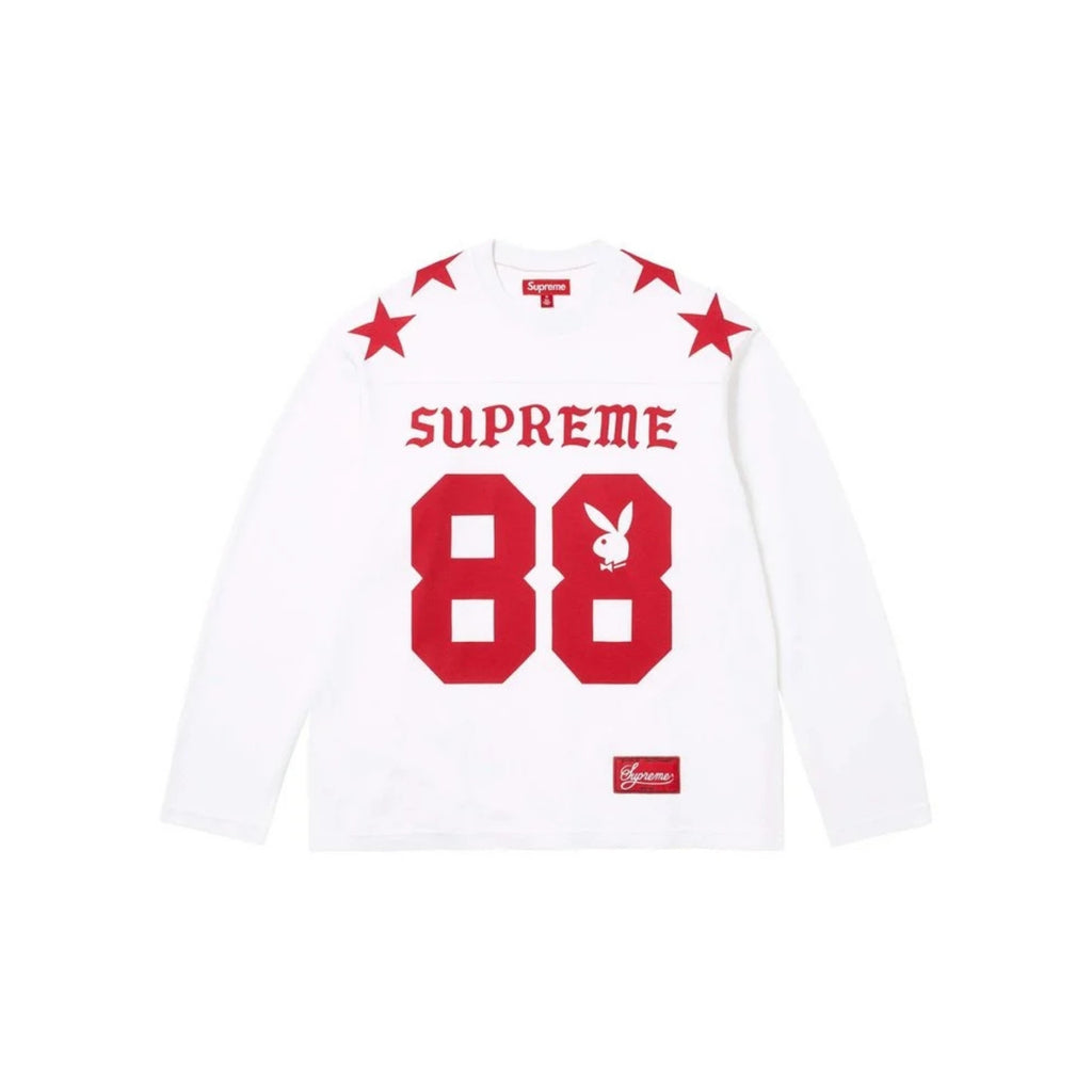 White sweatshirt with red 'Supreme' and 'Playboy' branding on a white background