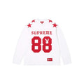 White sweatshirt with red 'Supreme' and 'Playboy' branding on a white background
