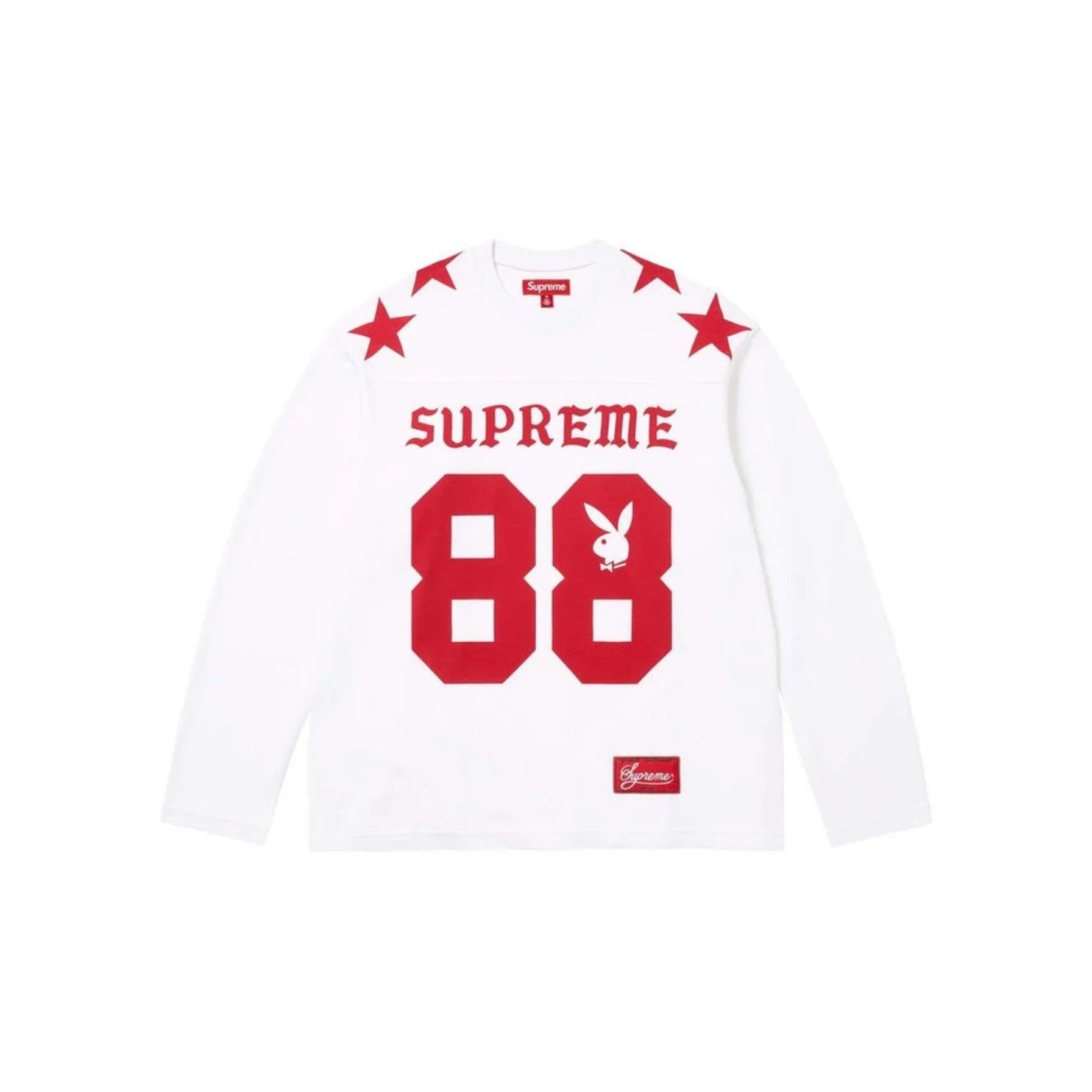 White sweatshirt with red 'Supreme' and 'Playboy' branding on a white background