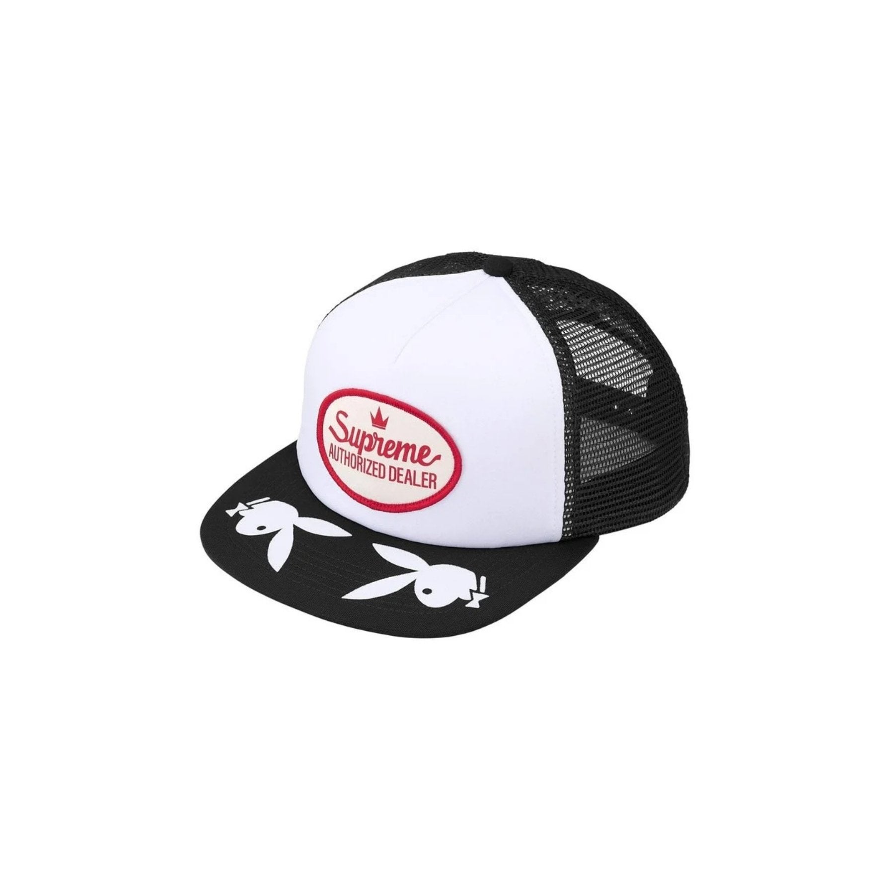 Black and white cap with Supreme logo on a white background