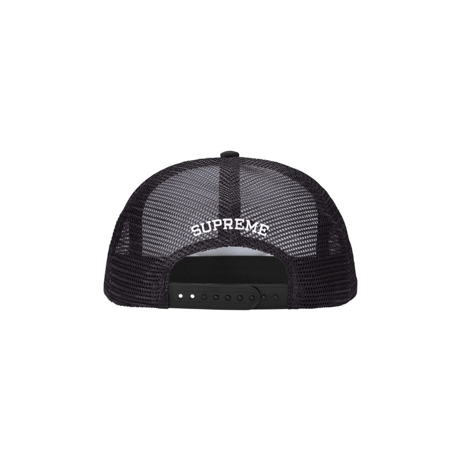 Black mesh cap with 'Supreme' logo on a white background