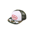 Green and white cap with a red logo on a white background