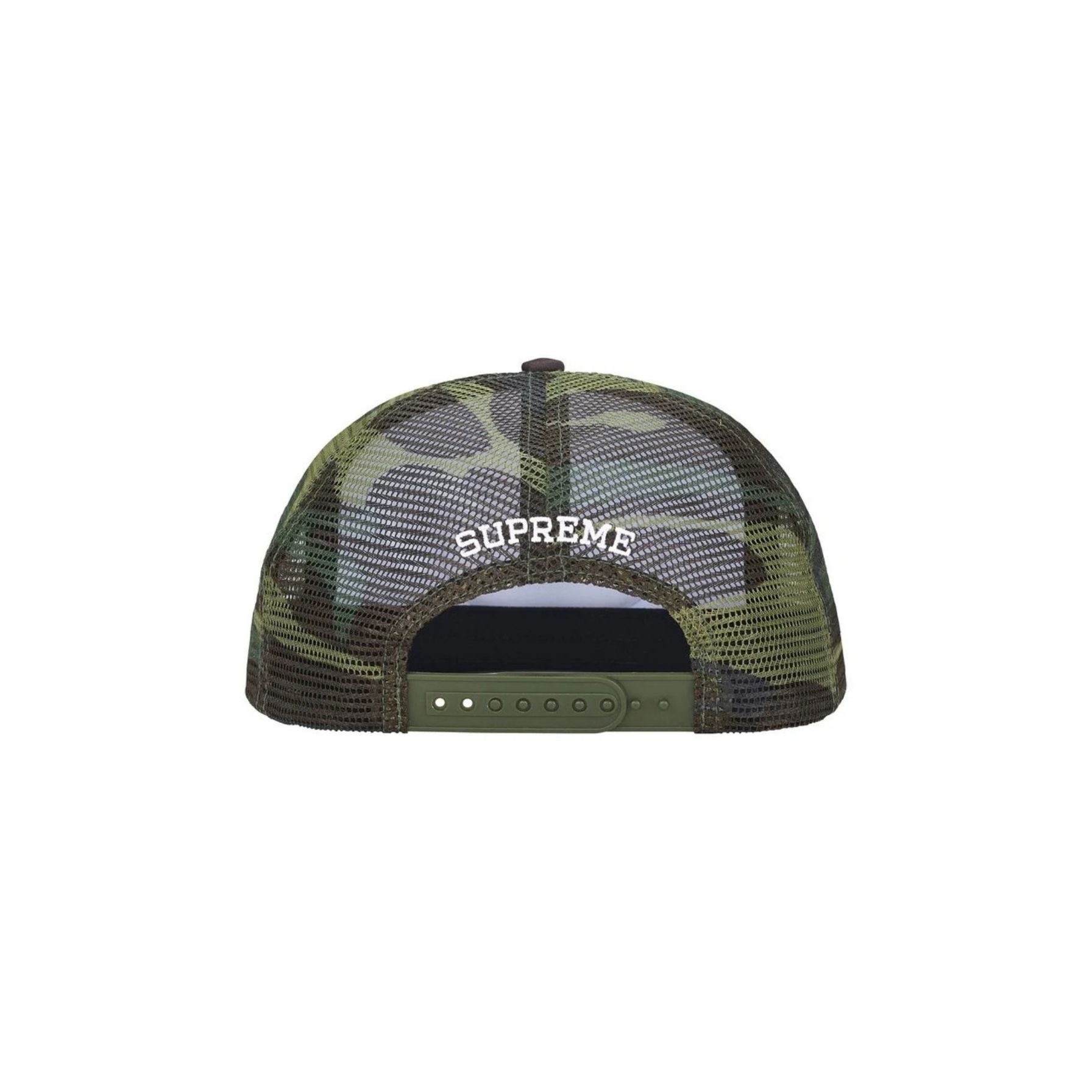 Green camouflage cap with 'Supreme' logo on a white background