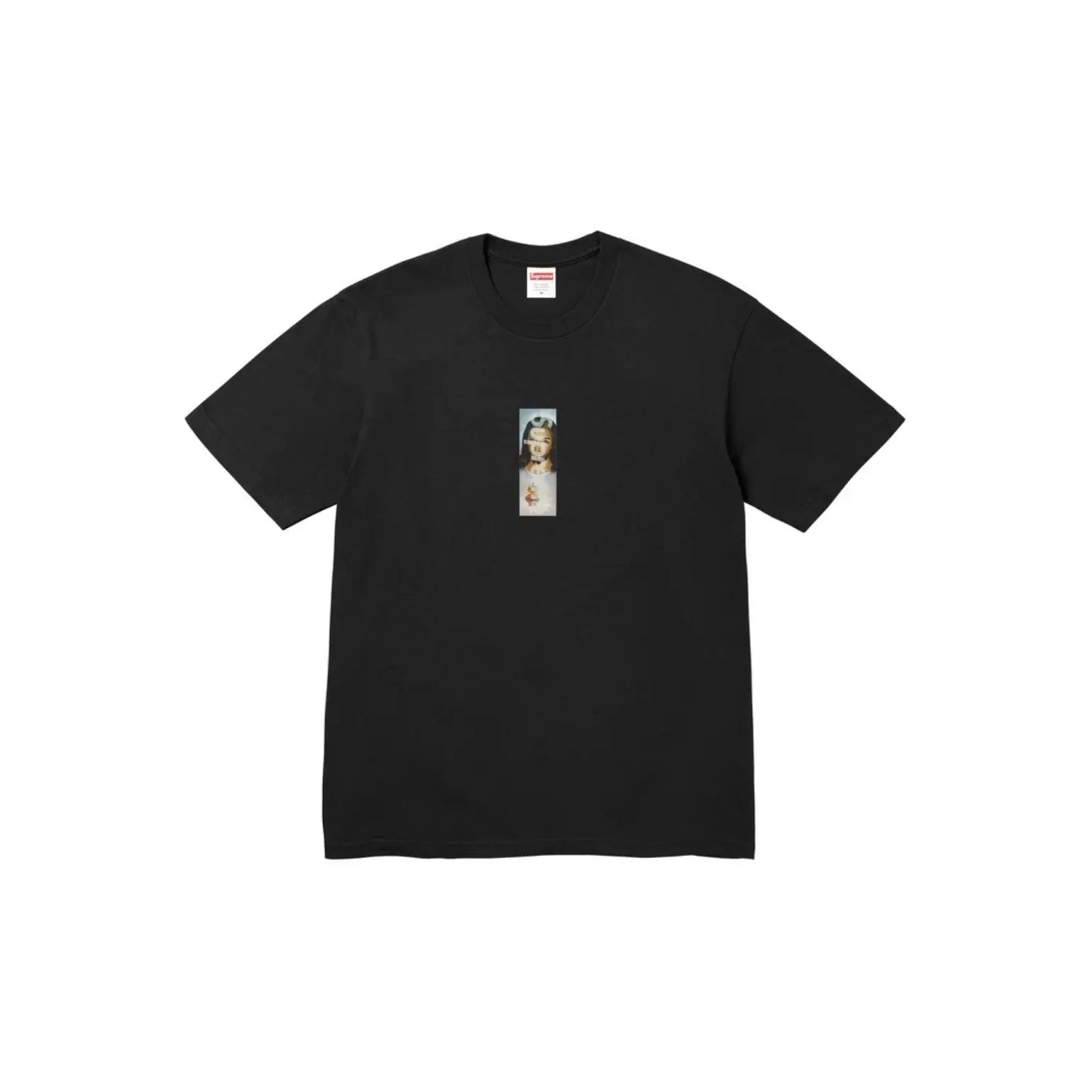 A black short-sleeve crewneck t-shirt with a small vertical graphic print on the center chest, displayed flat against a solid white background.