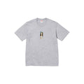 A light gray heather crewneck t-shirt featuring a small vertical graphic print on the center chest, displayed flat against a solid white background.