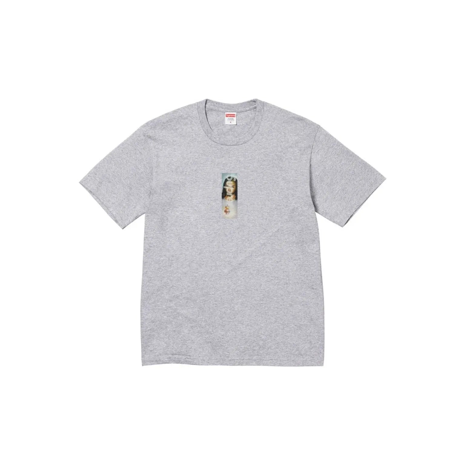 A light gray heather crewneck t-shirt featuring a small vertical graphic print on the center chest, displayed flat against a solid white background.