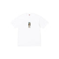 A white short-sleeve crewneck t-shirt featuring a small vertical graphic print on the center chest depicting a classical painting of a woman with a crown.