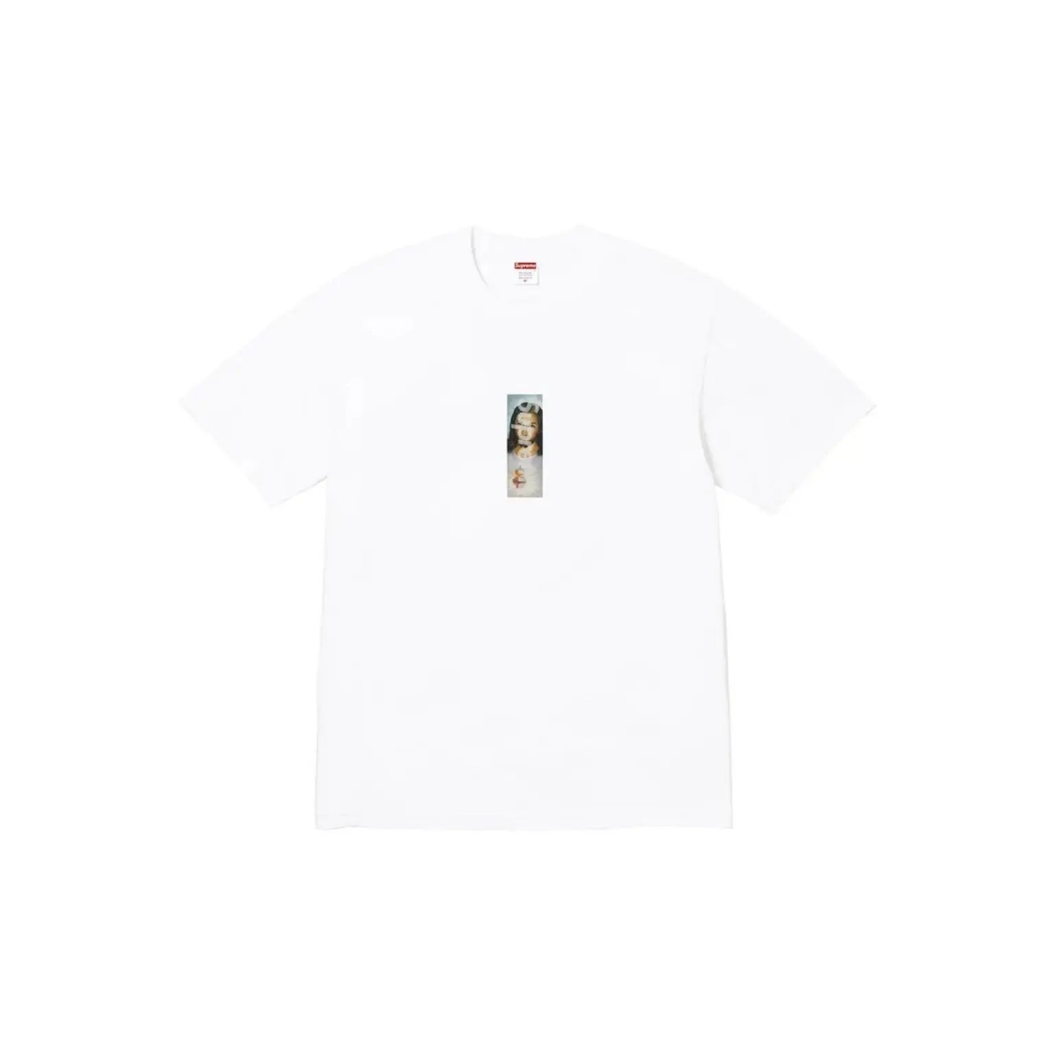 A white short-sleeve crewneck t-shirt featuring a small vertical graphic print on the center chest depicting a classical painting of a woman with a crown.