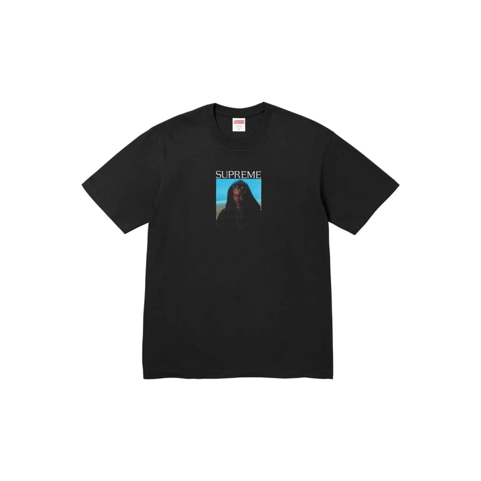 A black Supreme short-sleeve crewneck t-shirt featuring a graphic print of a figure against a blue sky with the word 'SUPREME' printed above, displayed flat on a white background.