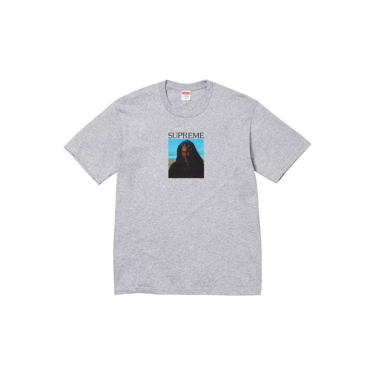 A heather gray Supreme t-shirt featuring a graphic print of the brand's 'Fear and Loathing in Las Vegas' album cover on the center chest, displayed flat against a plain white background.