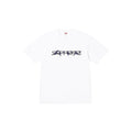 A white short-sleeve crewneck t-shirt featuring a stylized graffiti-style graphic in dark blue and black across the chest, displayed flat against a solid white background.