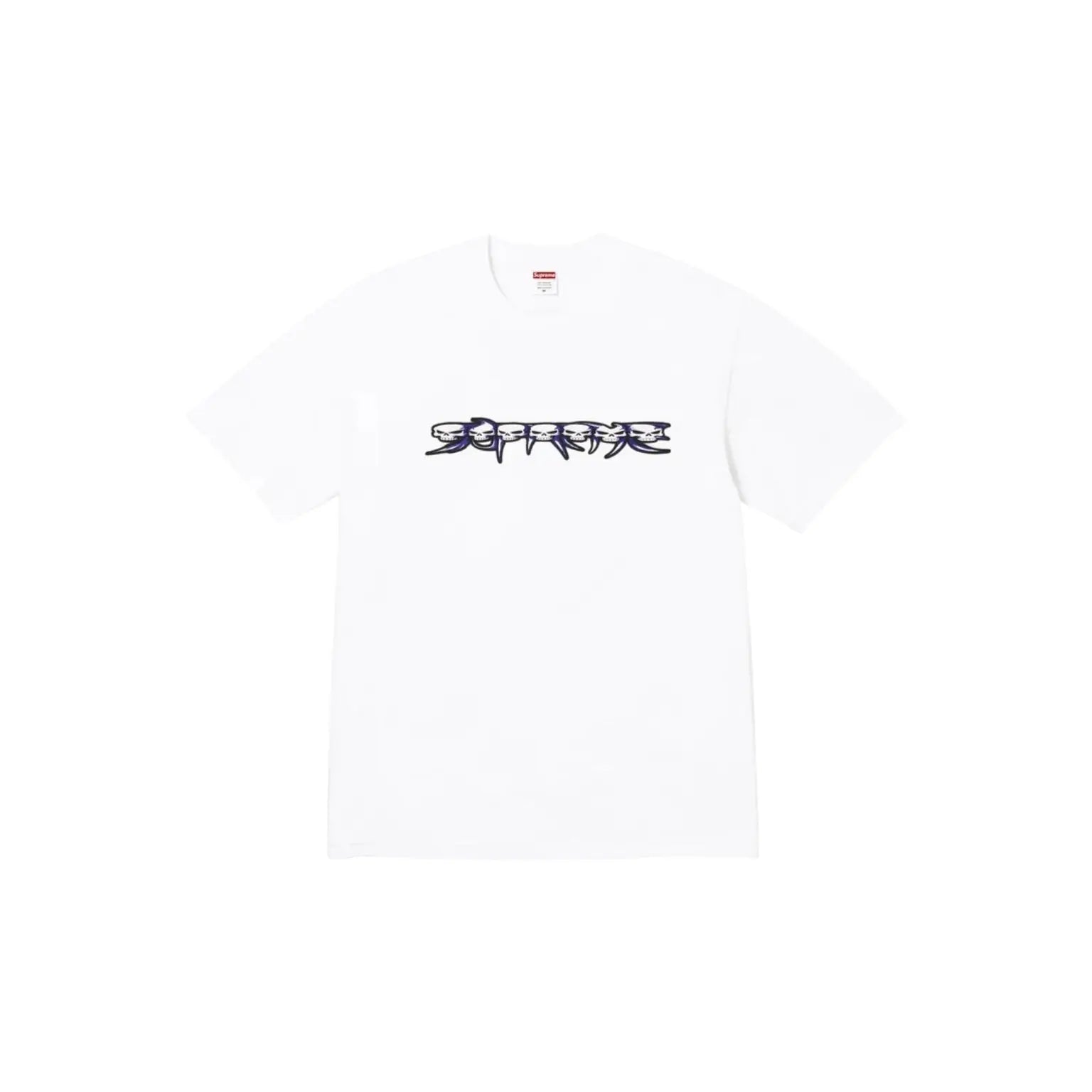 A white short-sleeve crewneck t-shirt featuring a stylized graffiti-style graphic in dark blue and black across the chest, displayed flat against a solid white background.