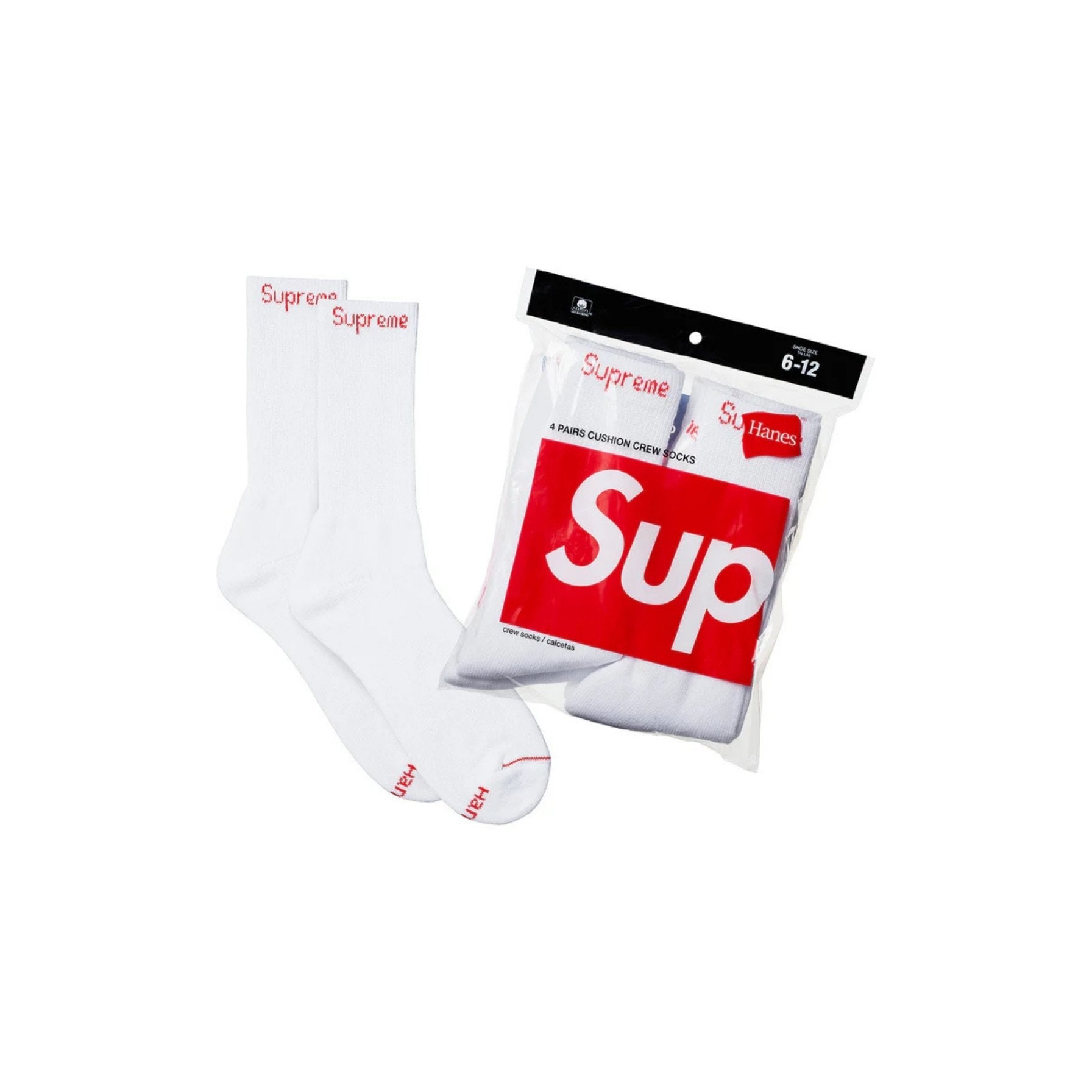 White socks with 'Supreme' branding on packaging against a white background