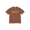 Brown t-shirt with yellow 'Supreme' logo on a white background