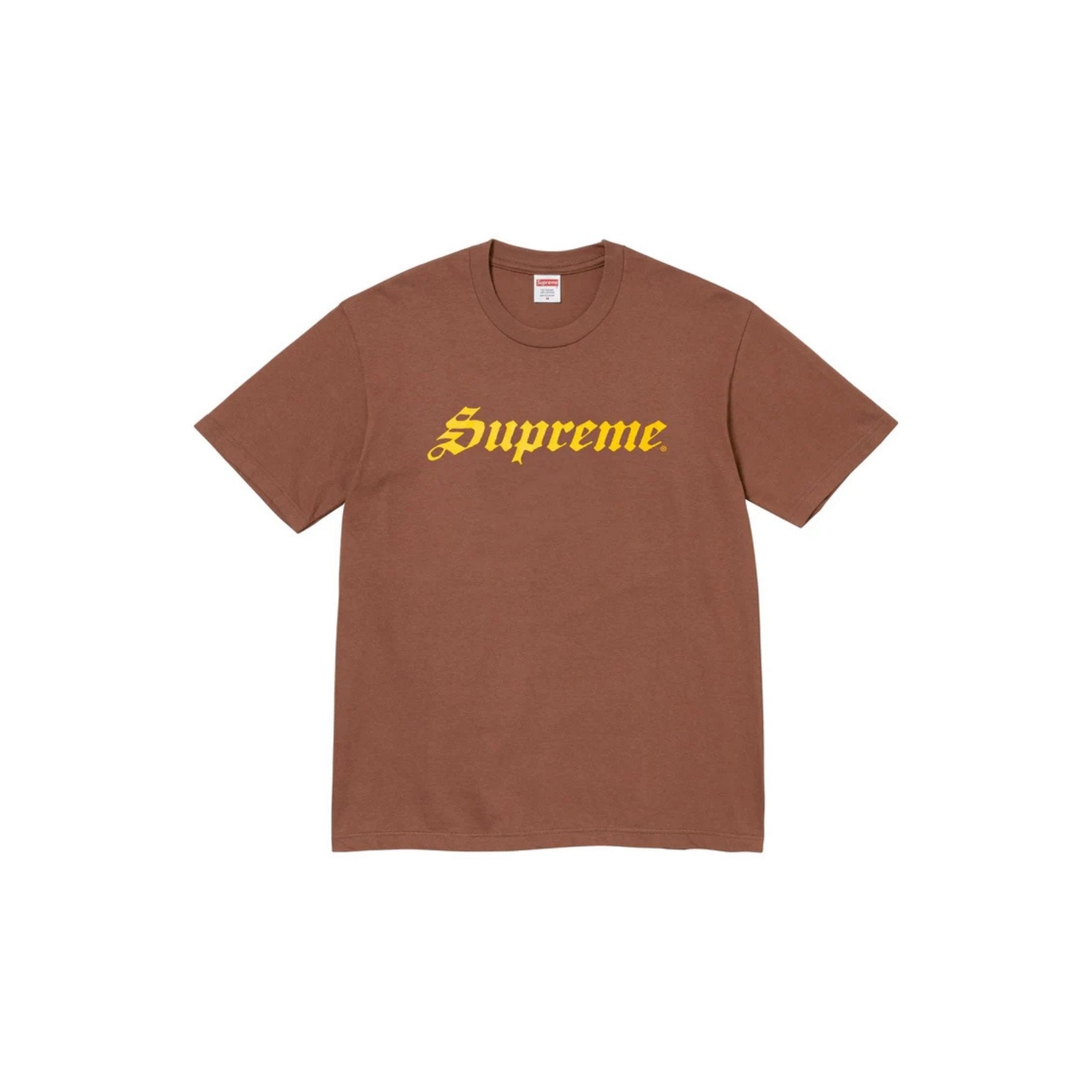 Brown t-shirt with yellow 'Supreme' logo on a white background