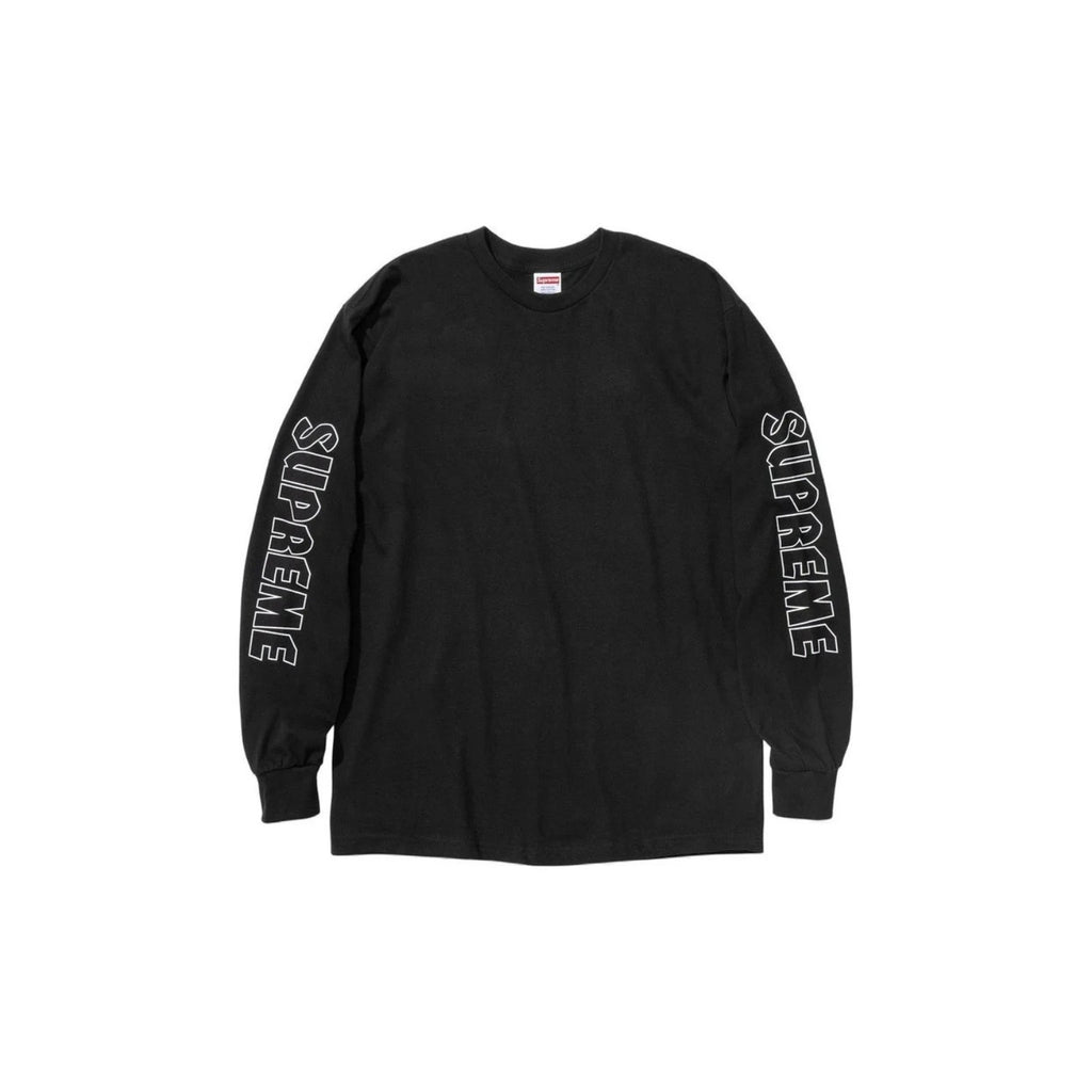 Black long-sleeve shirt with 'Supreme' logo on sleeves against a white background