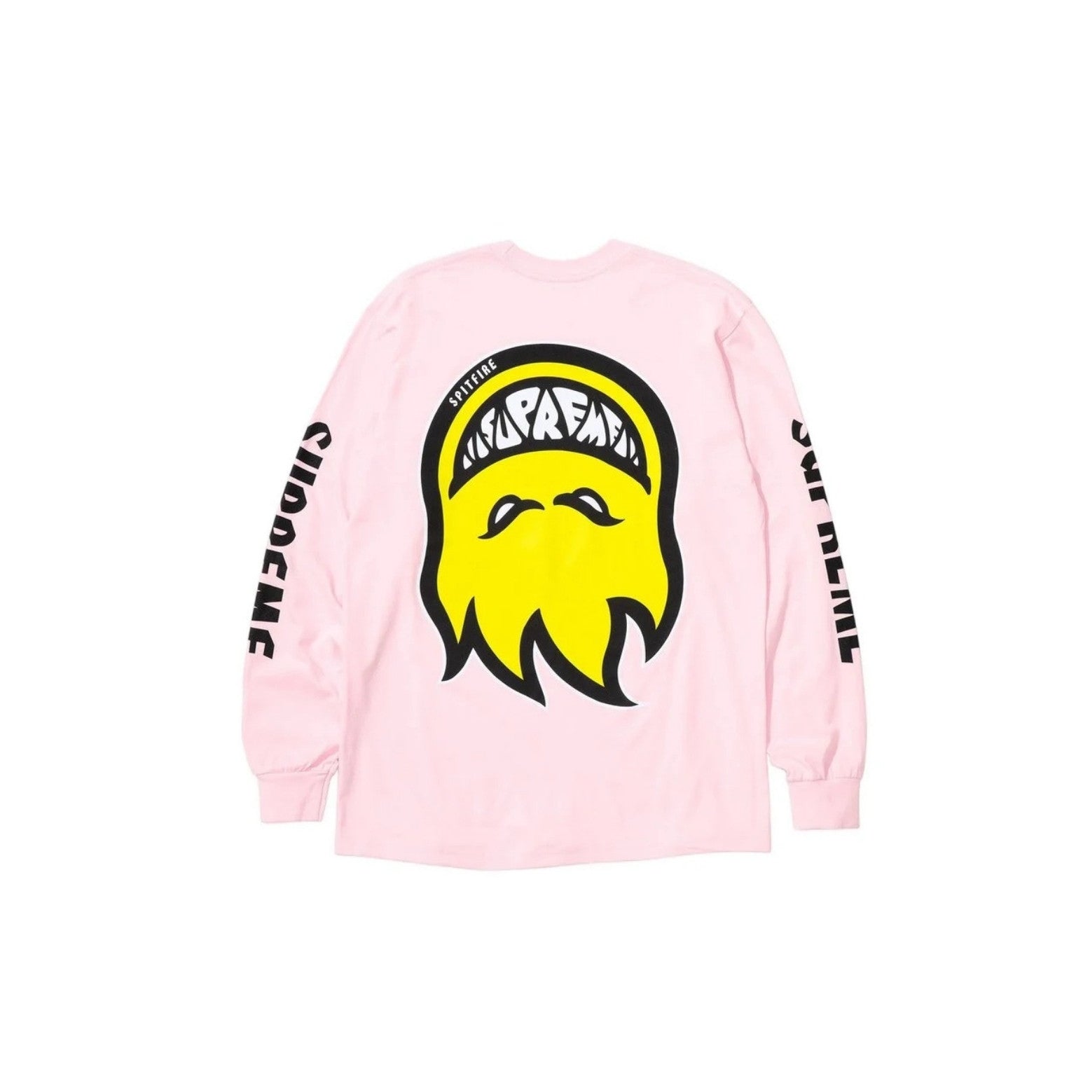 Pink long-sleeve shirt with a yellow and black graphic design on a white background