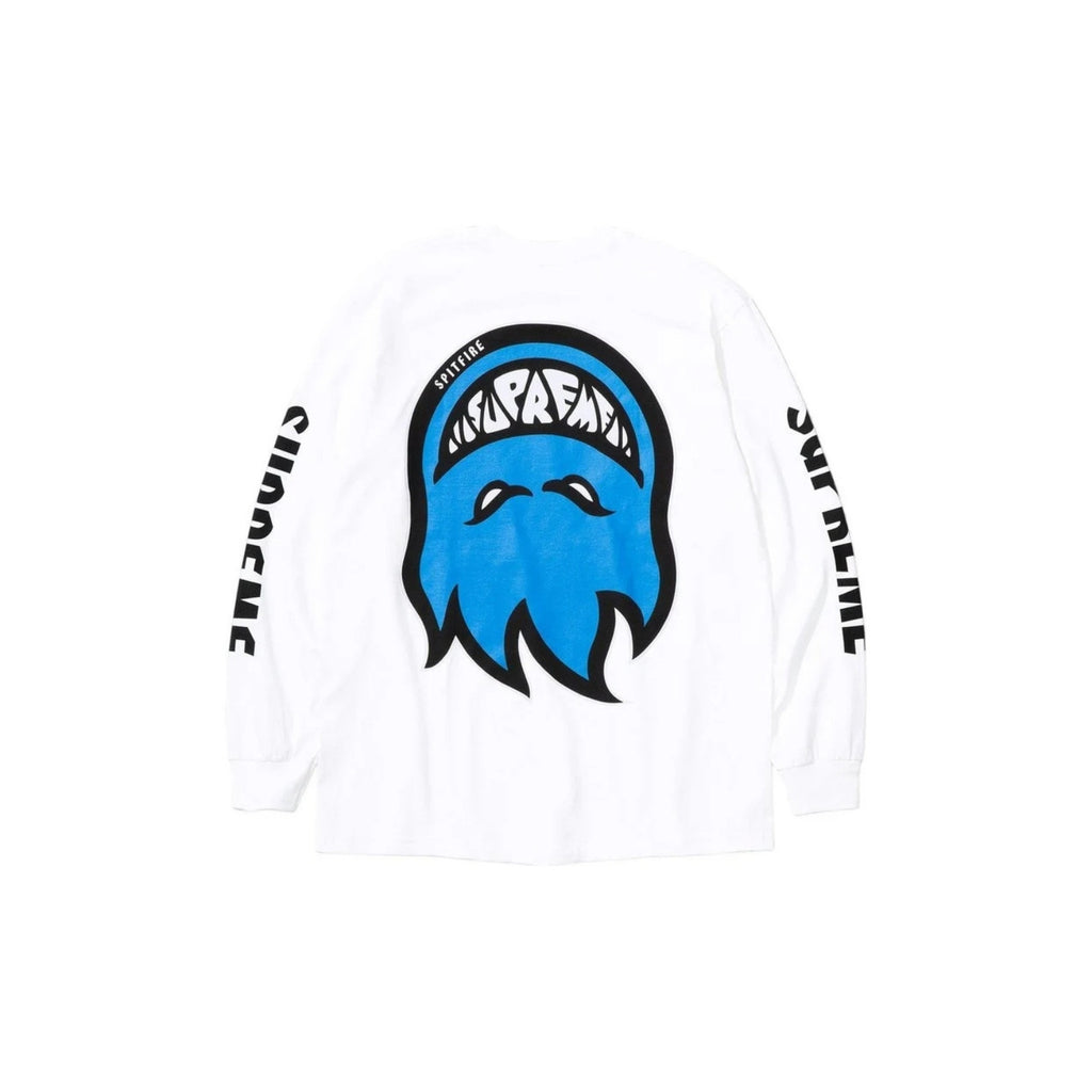 White long-sleeve shirt with blue graphic and text on a white background