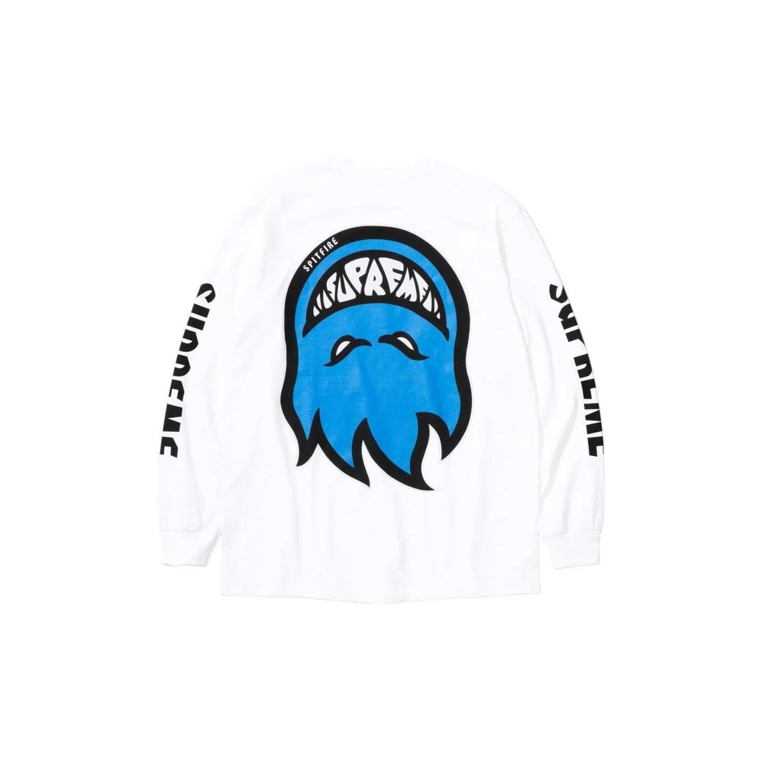 White long-sleeve shirt with blue graphic and text on a white background