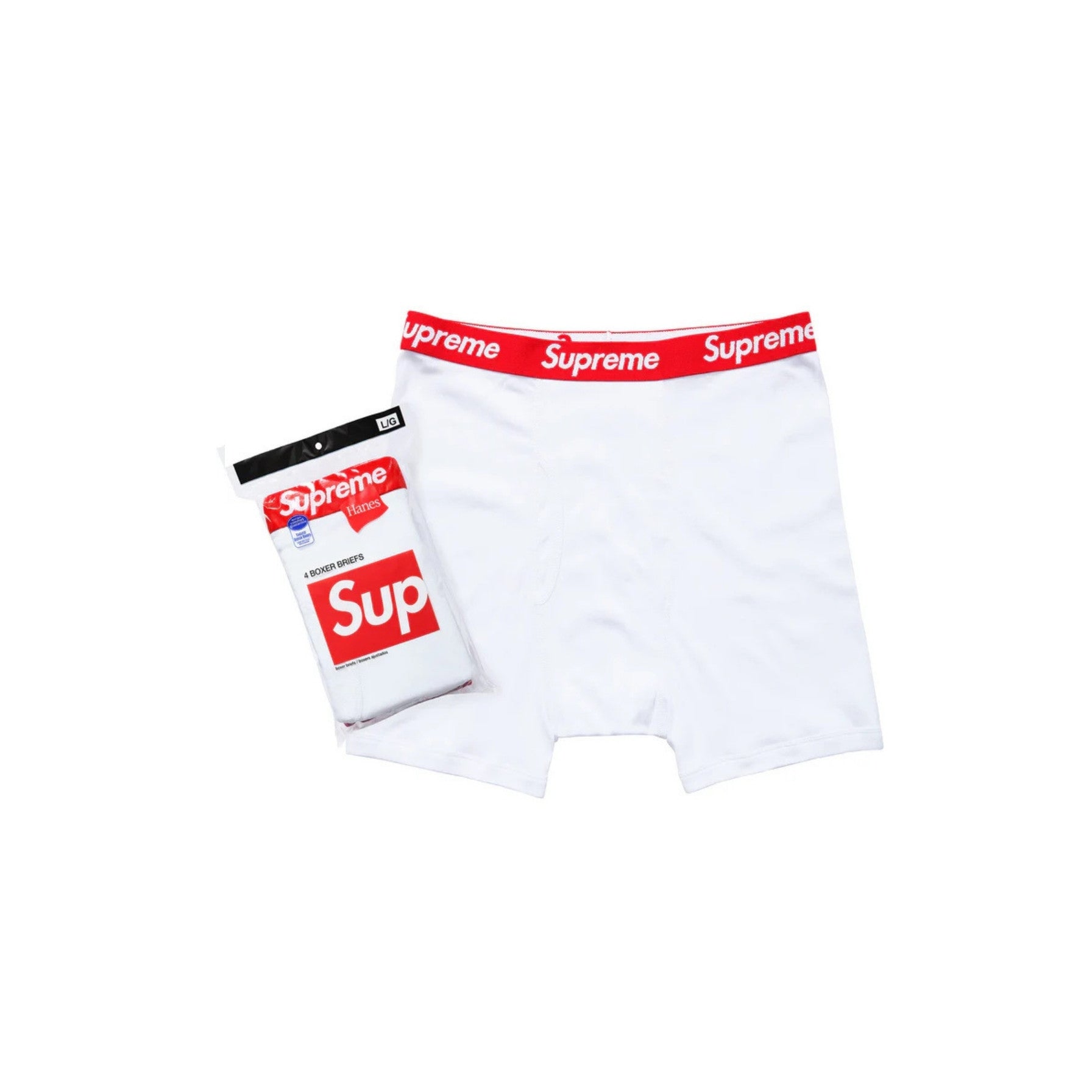 White boxer briefs with red and blue 'Supreme' logo on a white background