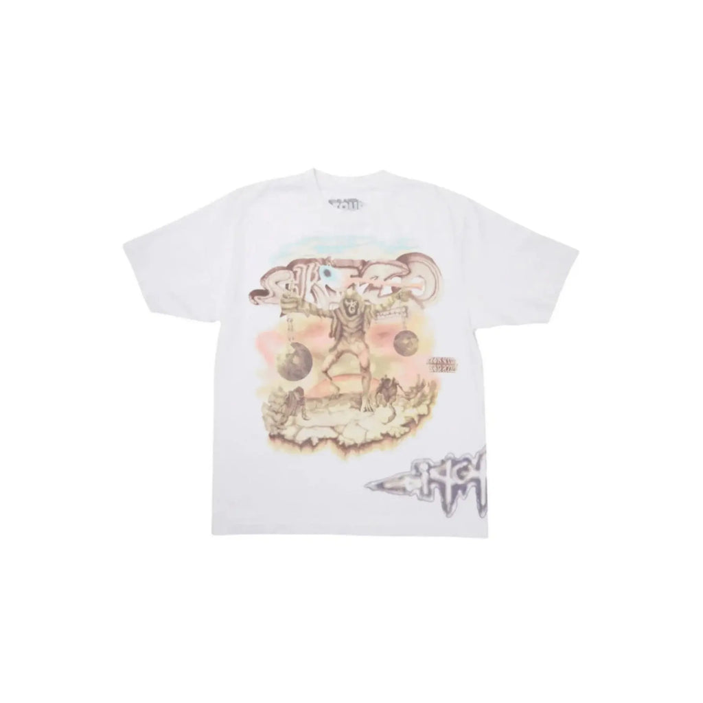 White t-shirt with a graphic design on a white background