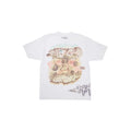 White t-shirt with a graphic design on a white background