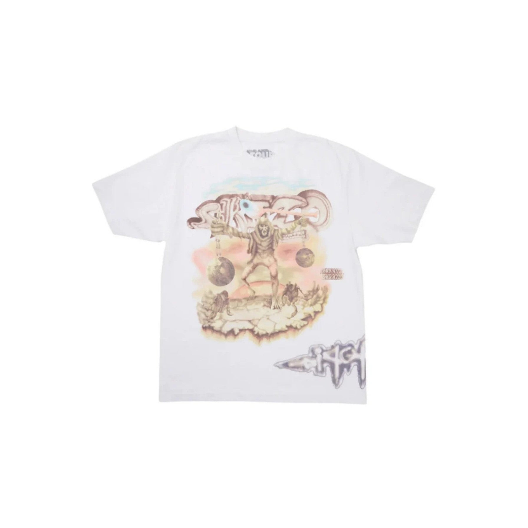 White t-shirt with a graphic design on a white background