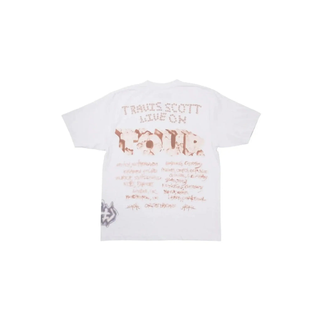 White t-shirt with text and graphics on a white background