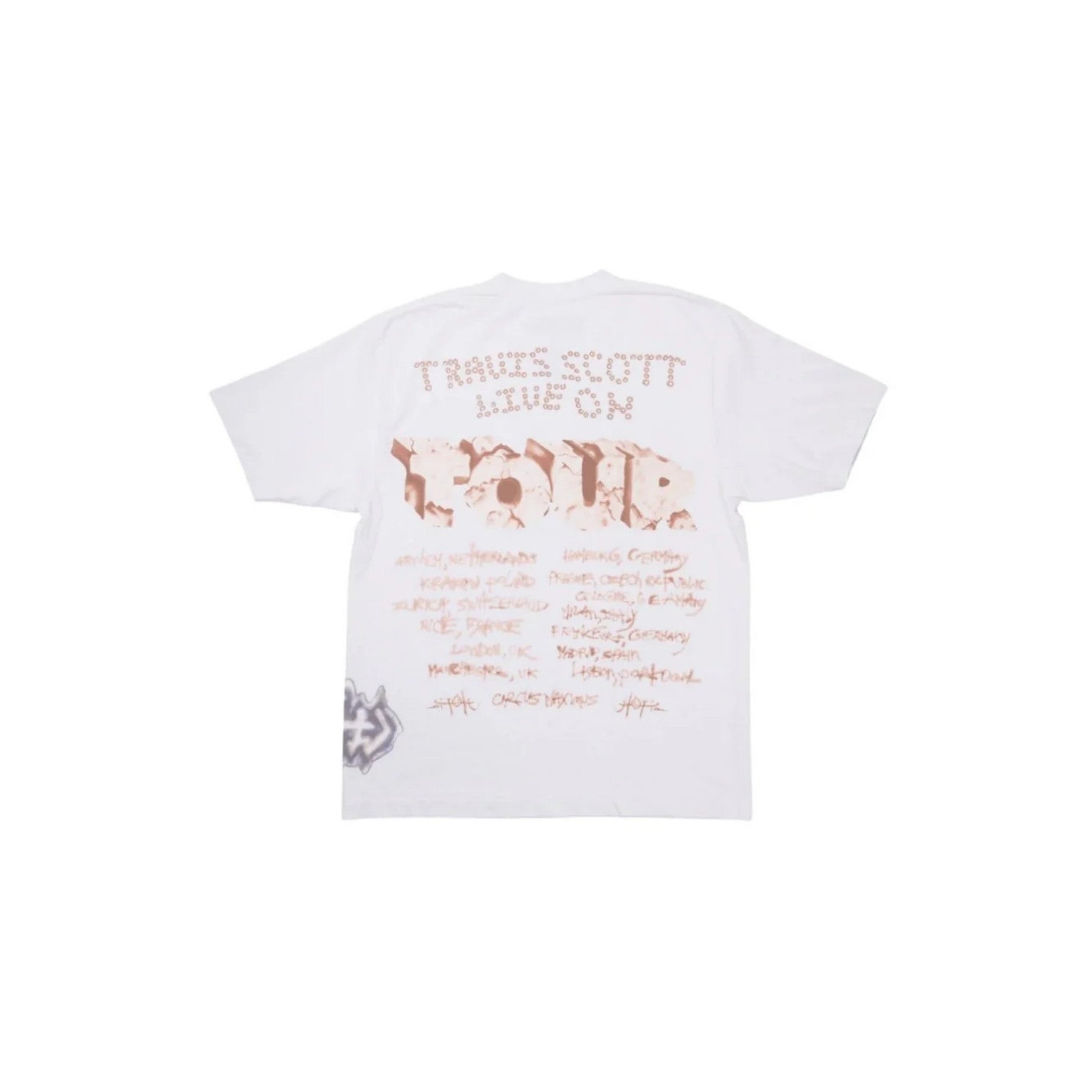 White t-shirt with text and graphics on a white background