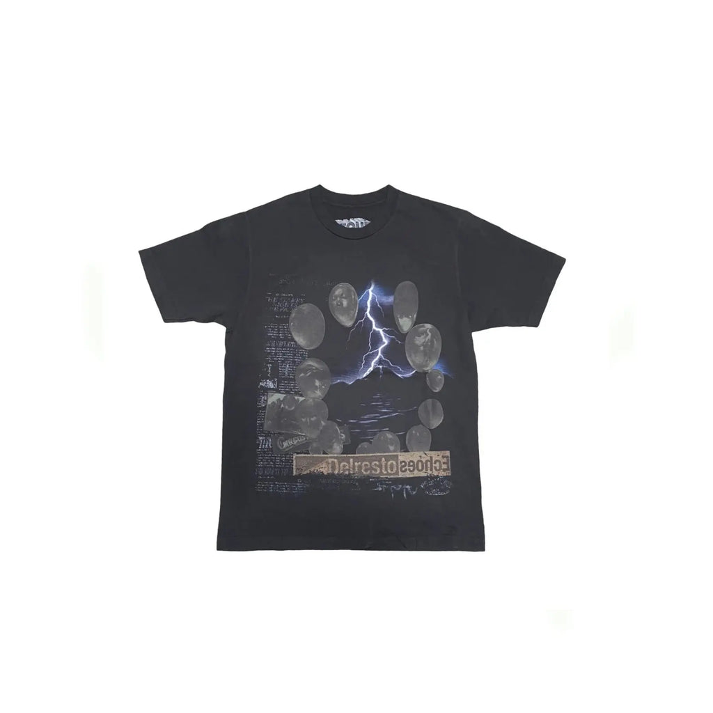 Black t-shirt with graphic design on a white background