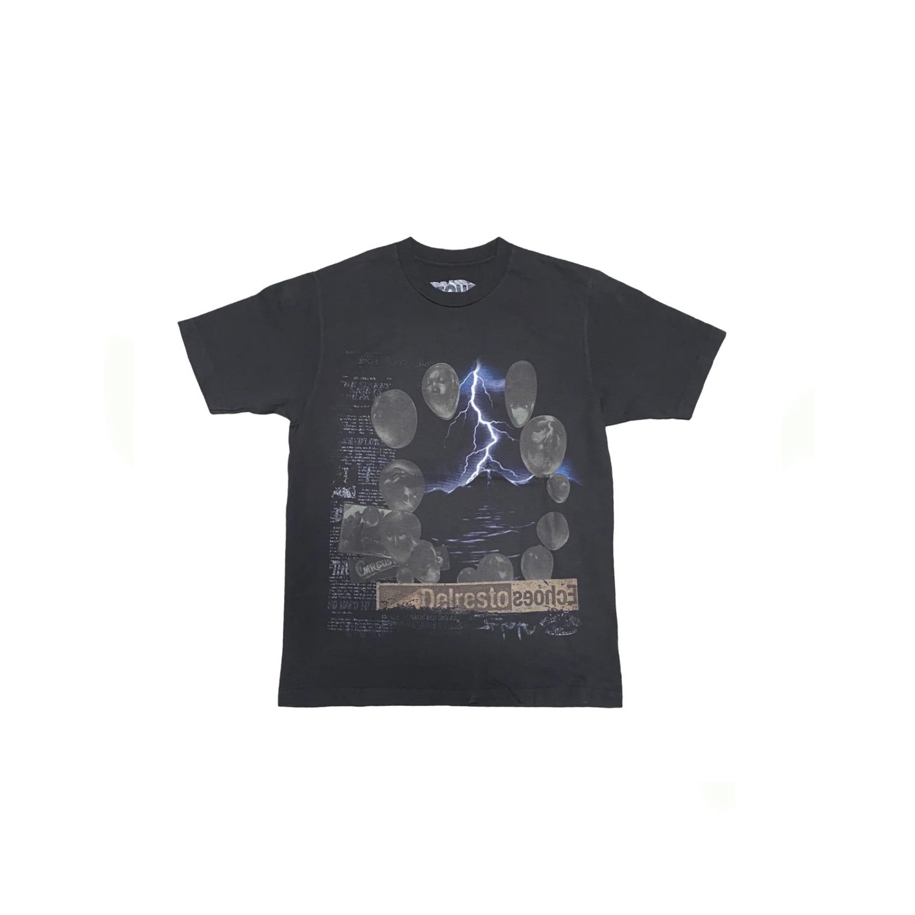 Black t-shirt with graphic design on a white background