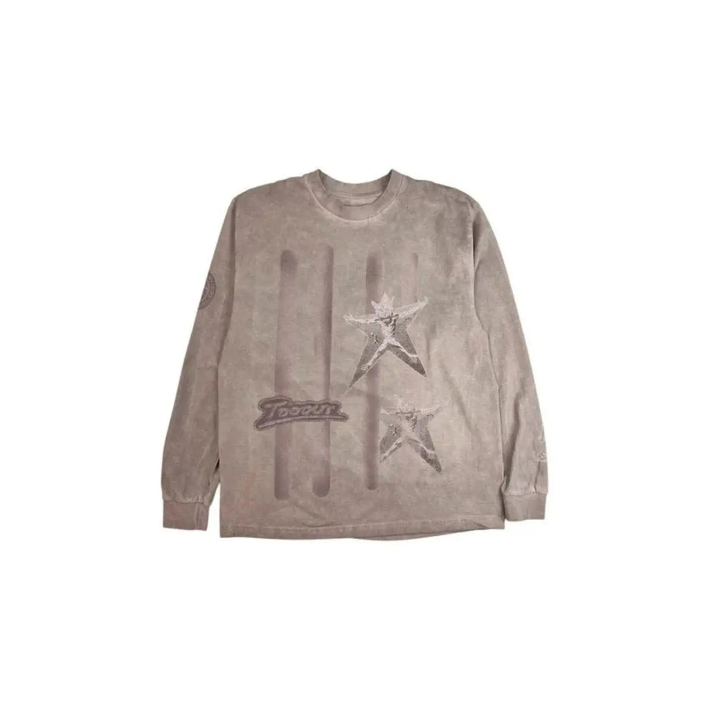 Gray long-sleeve shirt with star design and text on a white background