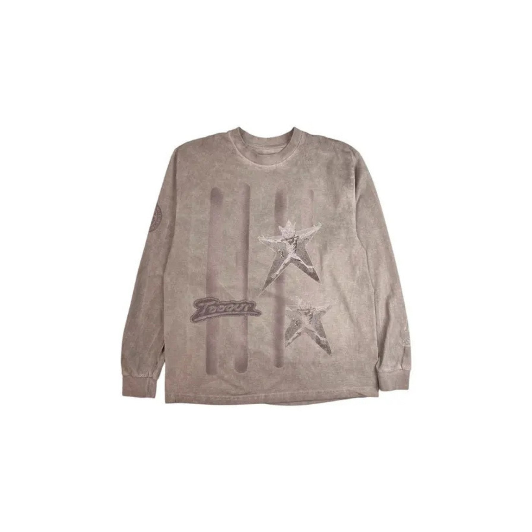 Gray long-sleeve shirt with star design and text on a white background