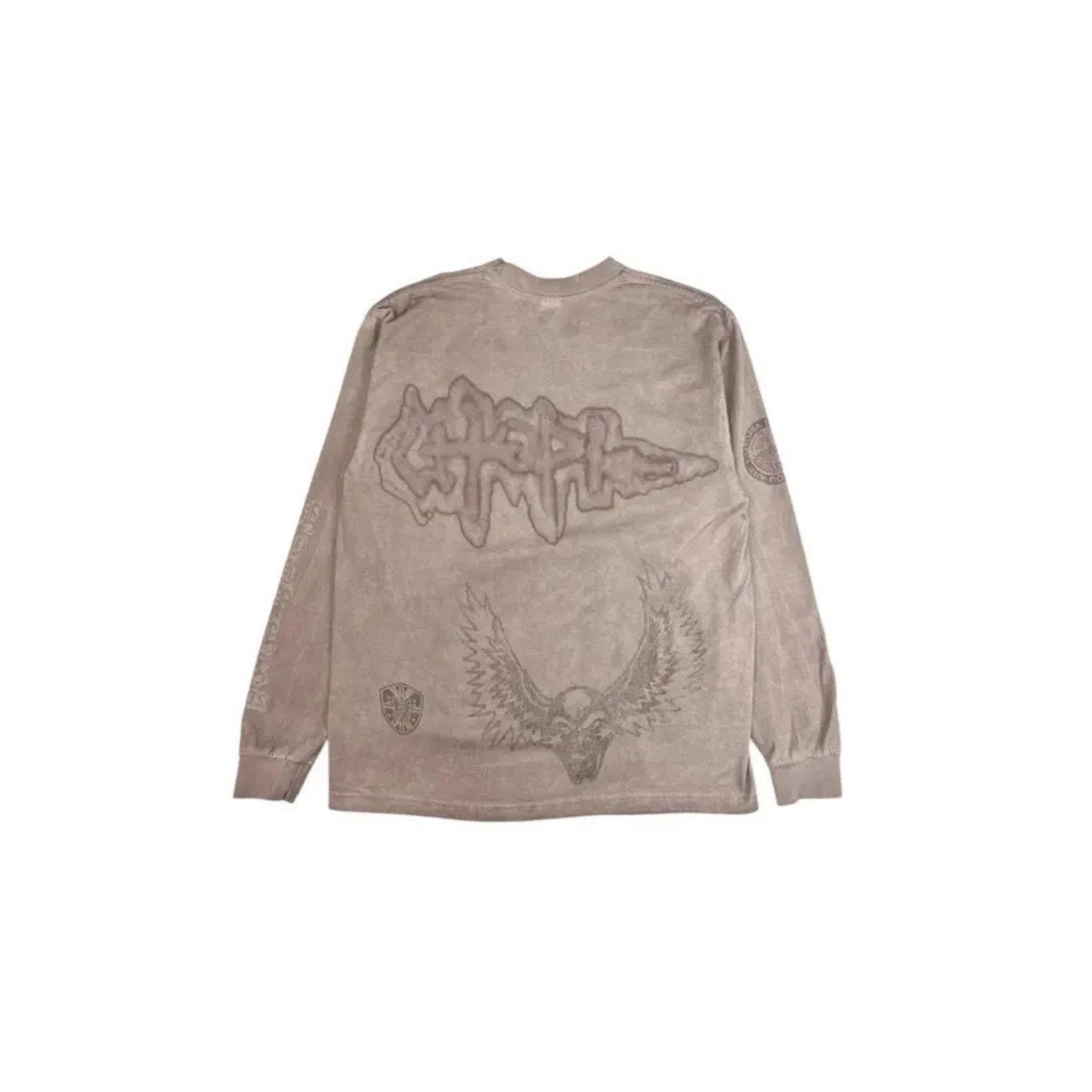 Gray long-sleeve shirt with graphic designs on a white background