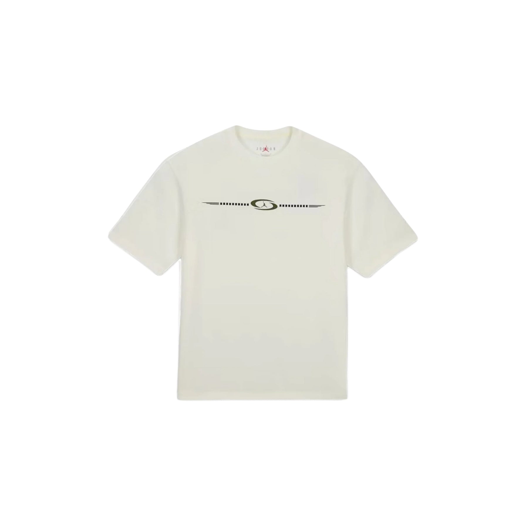 White t-shirt with a logo on a white background