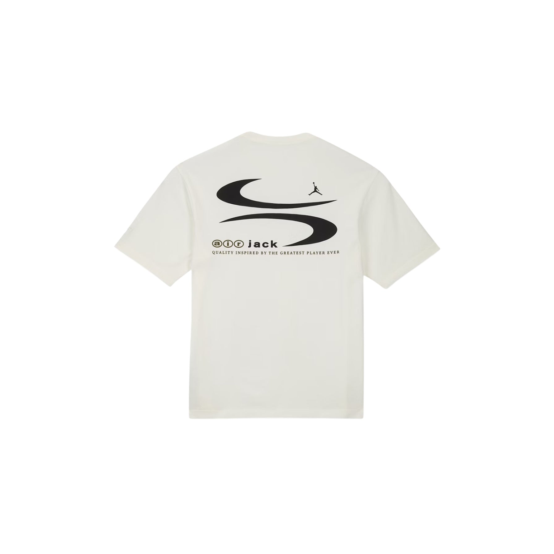White t-shirt with black graphics and text on a white background
